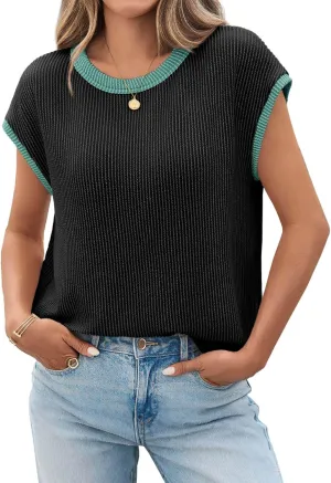 Tankaneo Womens Summer Color Block T-Shirts Cap Sleeve Textured Ribbed Knit Tees Casual Ringer Crew Neck Loose Fit Tops