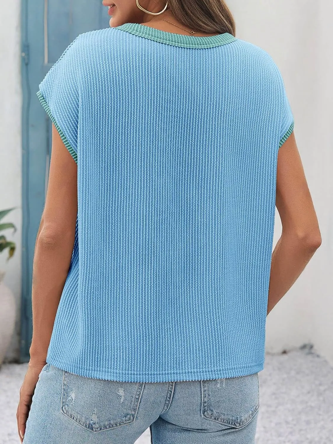Tankaneo Womens Summer Color Block T-Shirts Cap Sleeve Textured Ribbed Knit Tees Casual Ringer Crew Neck Loose Fit Tops