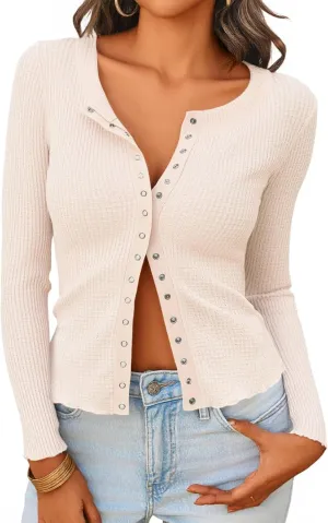 Tankaneo Womens Waffle Knit Tops Fitted Long Sleeve Button Down Shirts Y2K Going Out Trendy Casual Cardigan