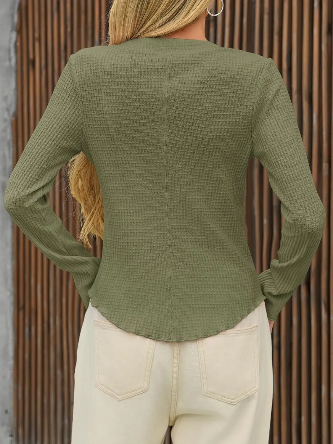 Tankaneo Womens Waffle Knit Tops Fitted Long Sleeve Button Down Shirts Y2K Going Out Trendy Casual Cardigan