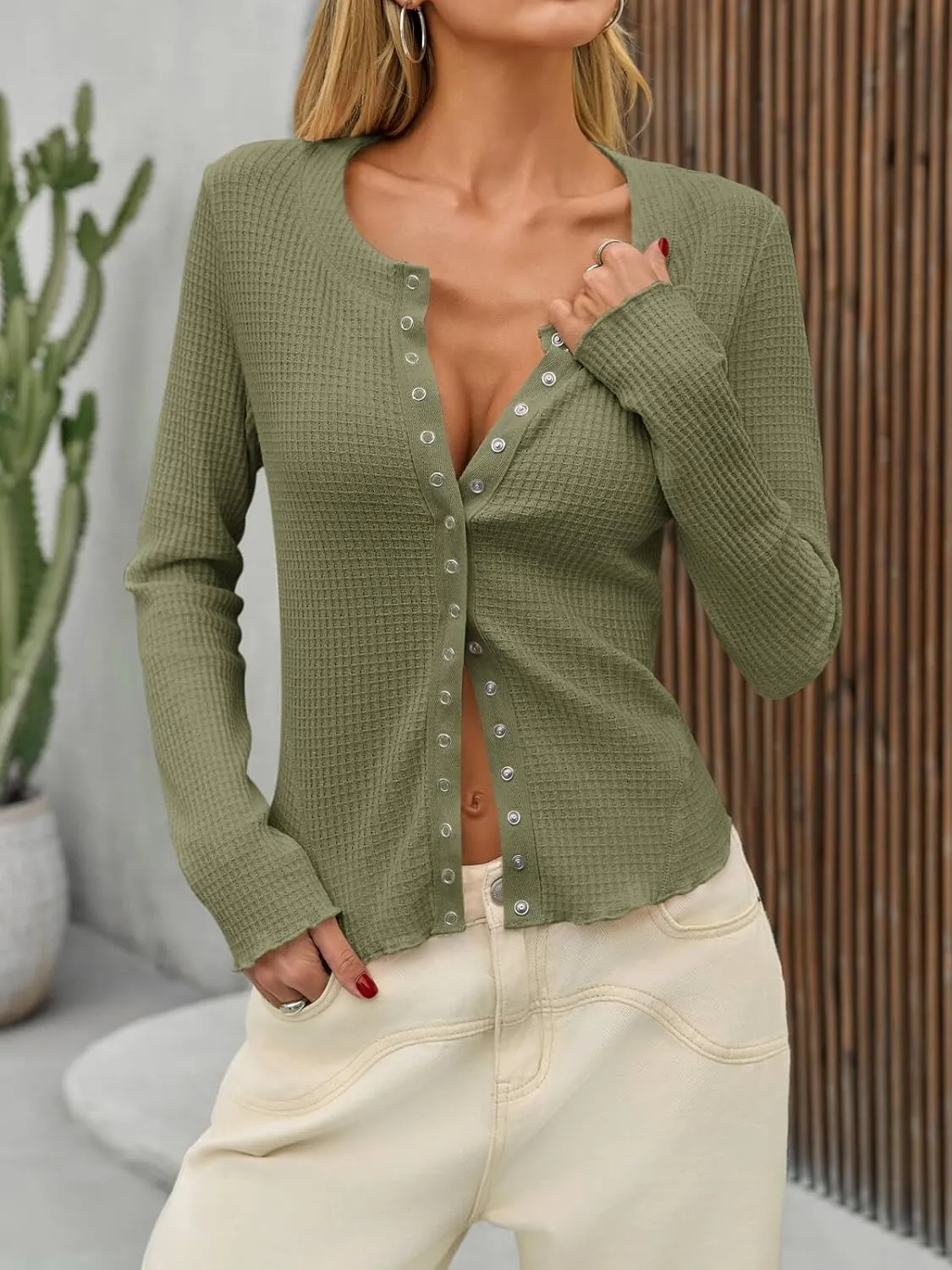 Tankaneo Womens Waffle Knit Tops Fitted Long Sleeve Button Down Shirts Y2K Going Out Trendy Casual Cardigan