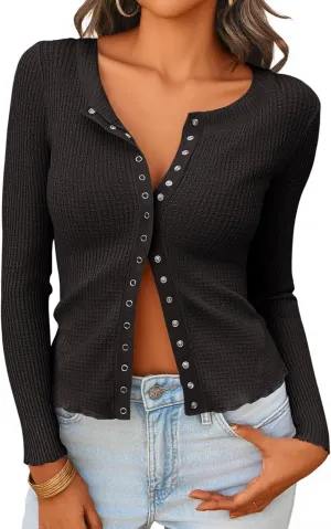 Tankaneo Womens Waffle Knit Tops Fitted Long Sleeve Button Down Shirts Y2K Going Out Trendy Casual Cardigan