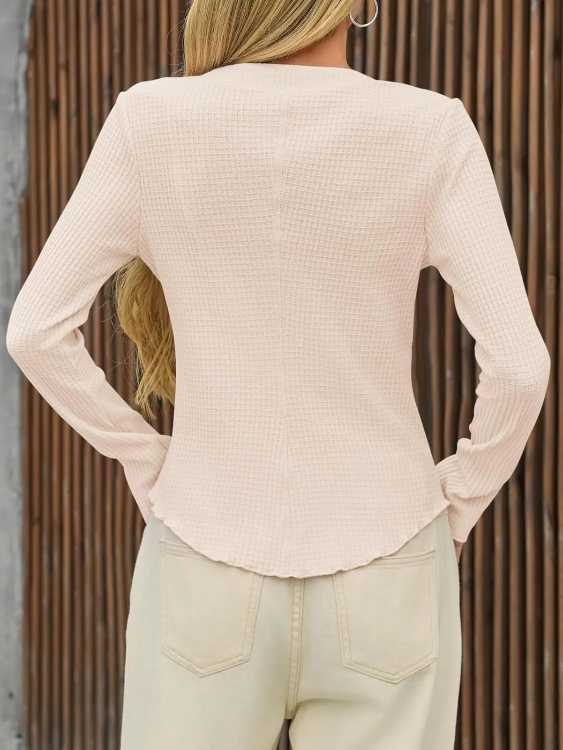 Tankaneo Womens Waffle Knit Tops Fitted Long Sleeve Button Down Shirts Y2K Going Out Trendy Casual Cardigan
