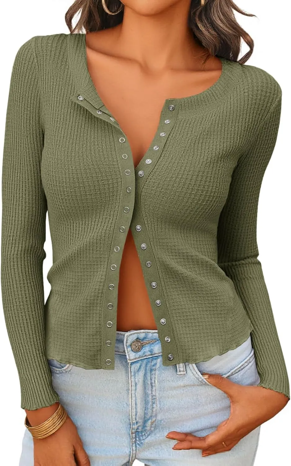 Tankaneo Womens Waffle Knit Tops Fitted Long Sleeve Button Down Shirts Y2K Going Out Trendy Casual Cardigan