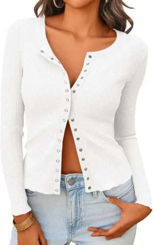 Tankaneo Womens Waffle Knit Tops Fitted Long Sleeve Button Down Shirts Y2K Going Out Trendy Casual Cardigan