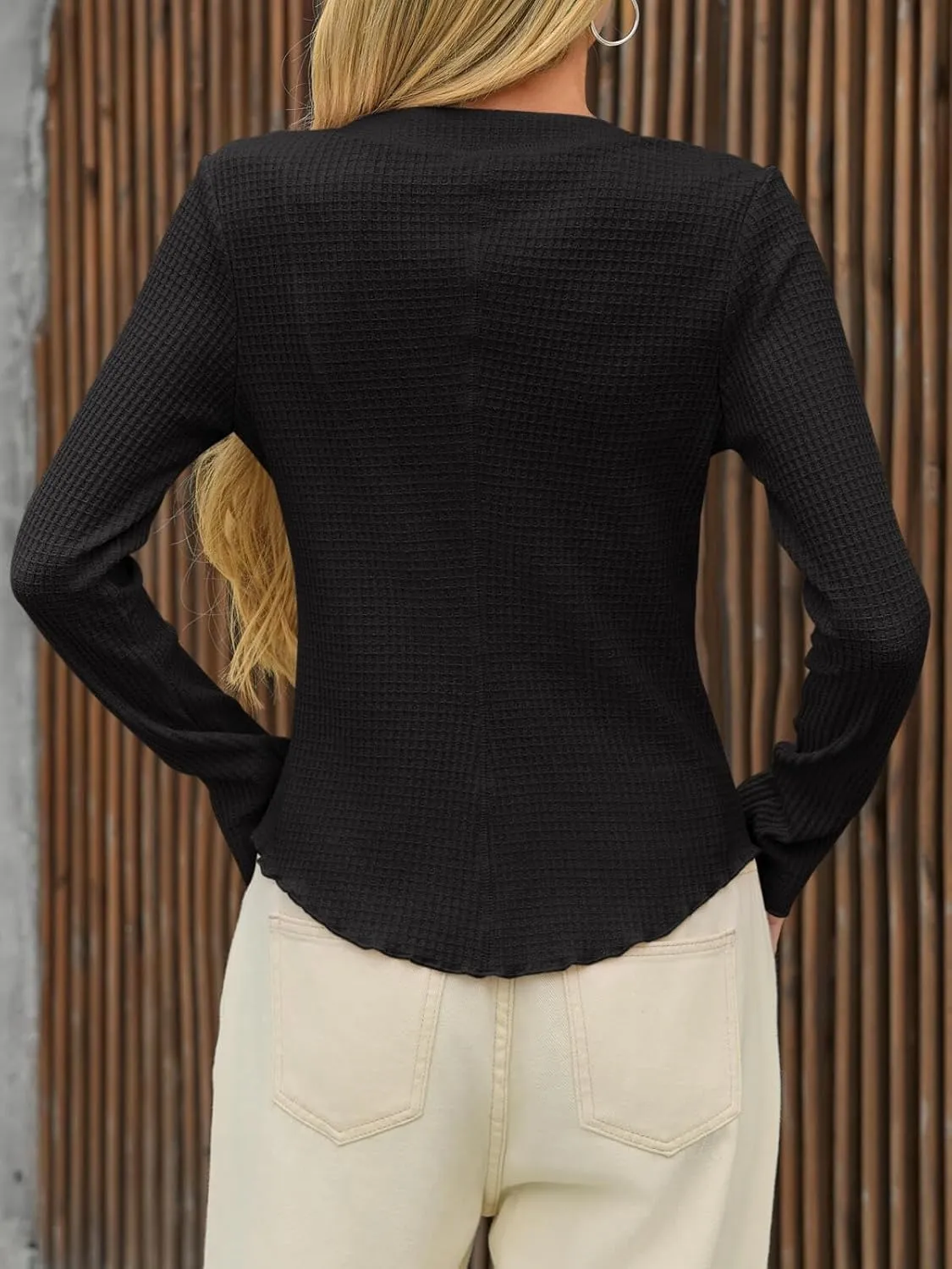 Tankaneo Womens Waffle Knit Tops Fitted Long Sleeve Button Down Shirts Y2K Going Out Trendy Casual Cardigan