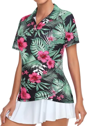 Tanst Sky Women's Golf Polo Shirts Zip Short Sleeve Collared Asymmetrical Hem Tops Moisture Wicking Workout Apparel