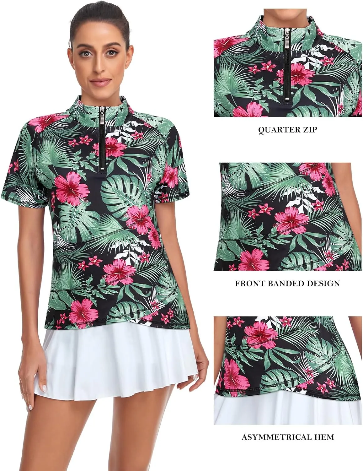 Tanst Sky Women's Golf Polo Shirts Zip Short Sleeve Collared Asymmetrical Hem Tops Moisture Wicking Workout Apparel
