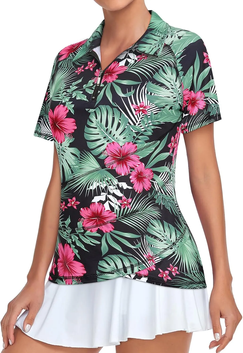 Tanst Sky Women's Golf Polo Shirts Zip Short Sleeve Collared Asymmetrical Hem Tops Moisture Wicking Workout Apparel
