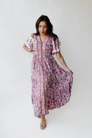 The Helena Printed Floral Maxi Dress in Pink Fuchsia