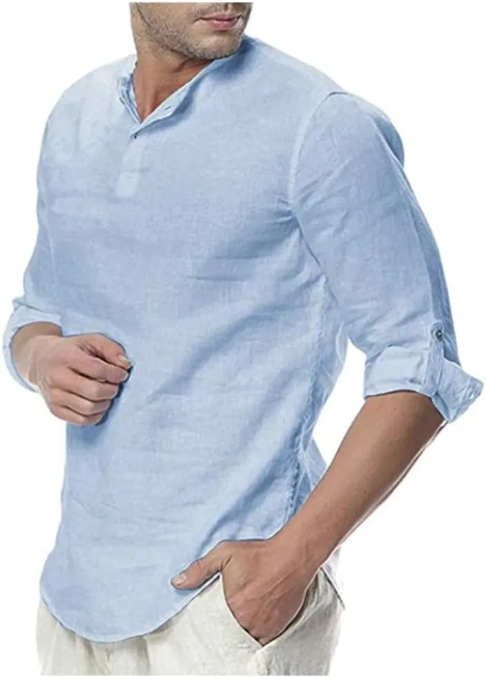 THWEI Mens Henley Linen Shirt Long Sleeve Loose Casual Beach T Shirts Roll Up Tops 3/4 Sleeve Solid T-Shirt