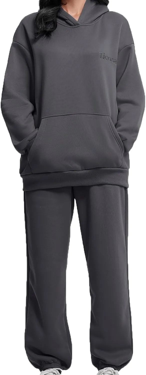 TICOSA Women's 2-Piece Lounge Set, Oversized Hoodie & Baggy Sweatpants with Pockets, Comfortable Casual Spring Fashion