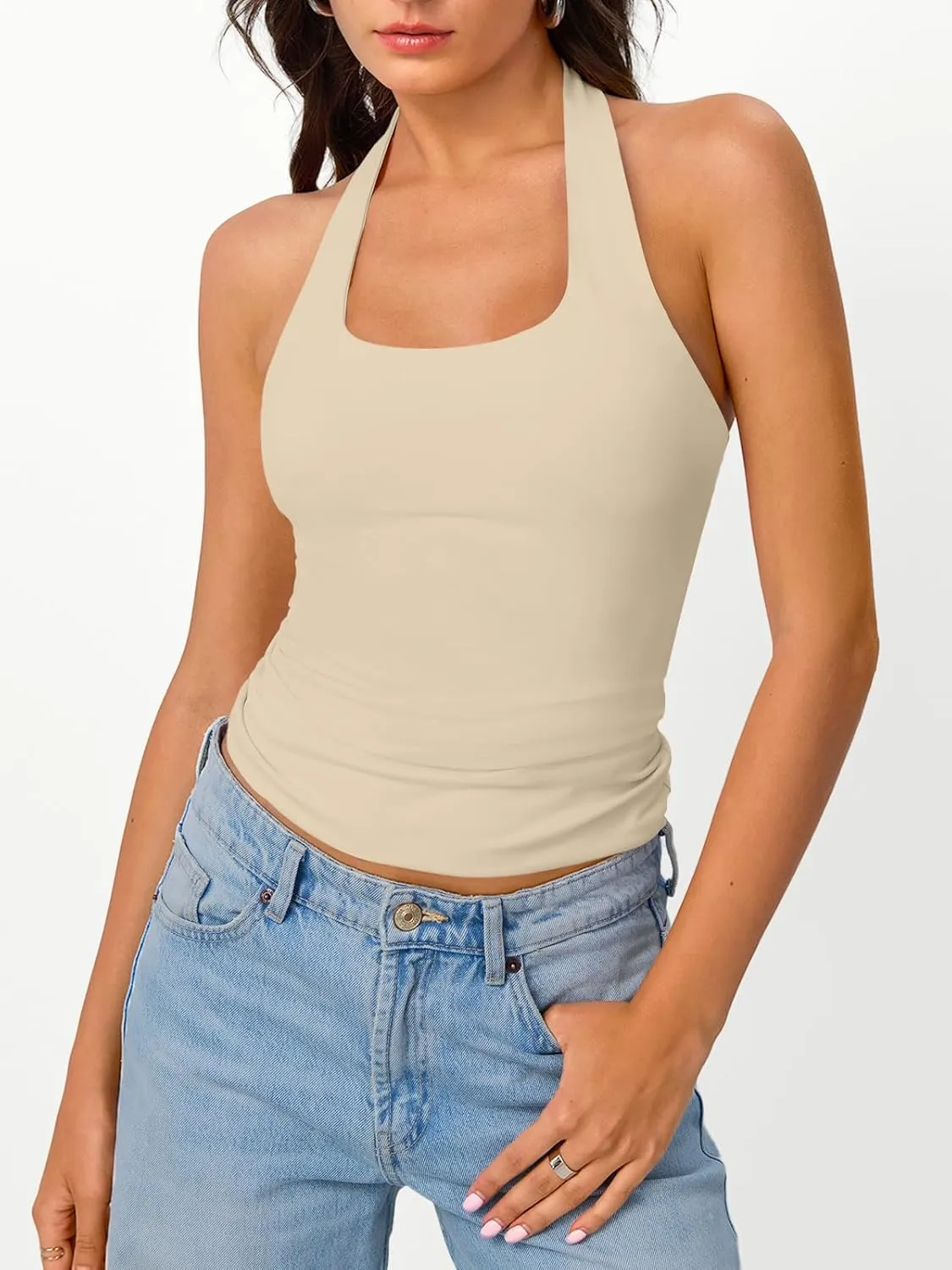 Trendy Queen Halter Tops for Women 2025 Summer Going Out Tops Backless Crop Sleeveless Workout Shirts Cute Y2k Clothes