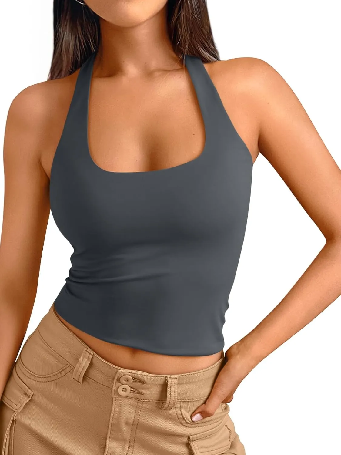 Trendy Queen Halter Tops for Women 2025 Summer Going Out Tops Backless Crop Sleeveless Workout Shirts Cute Y2k Clothes