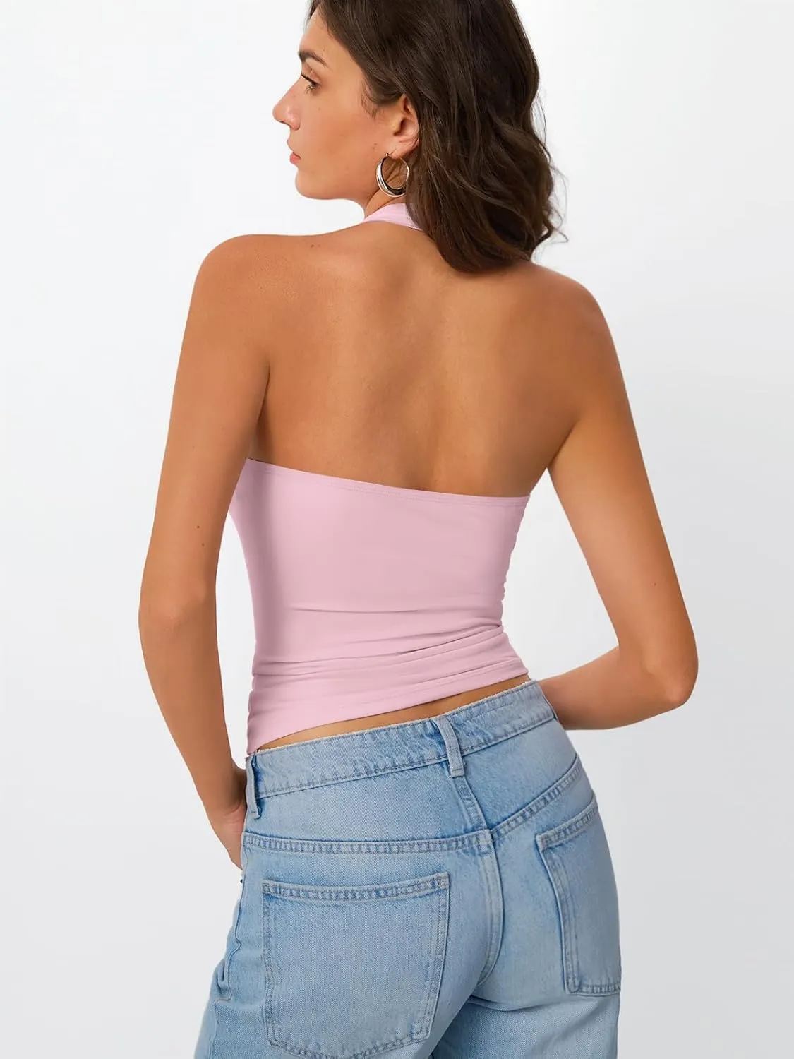 Trendy Queen Halter Tops for Women 2025 Summer Going Out Tops Backless Crop Sleeveless Workout Shirts Cute Y2k Clothes