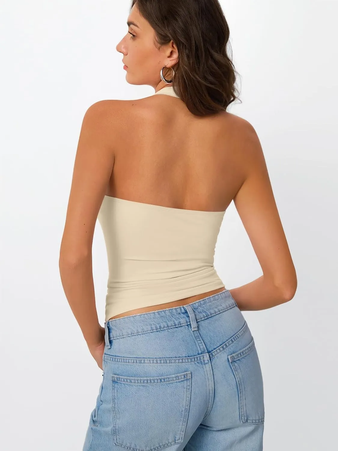 Trendy Queen Halter Tops for Women 2025 Summer Going Out Tops Backless Crop Sleeveless Workout Shirts Cute Y2k Clothes
