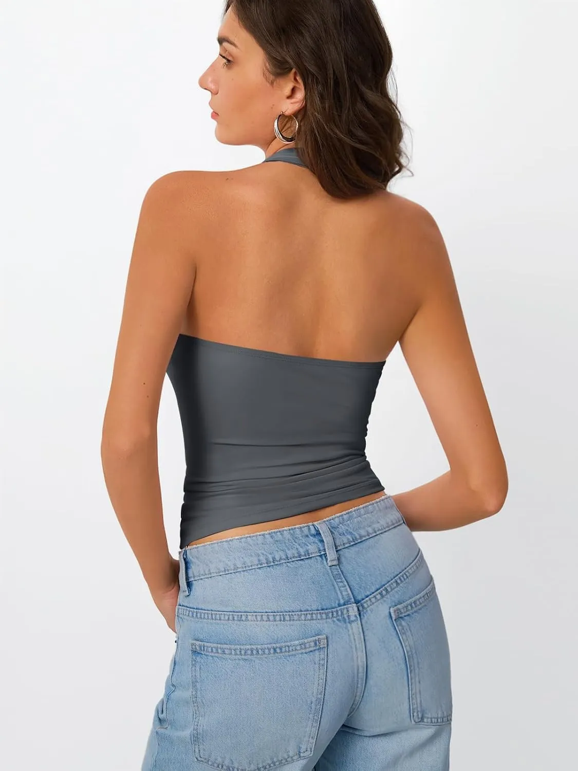 Trendy Queen Halter Tops for Women 2025 Summer Going Out Tops Backless Crop Sleeveless Workout Shirts Cute Y2k Clothes
