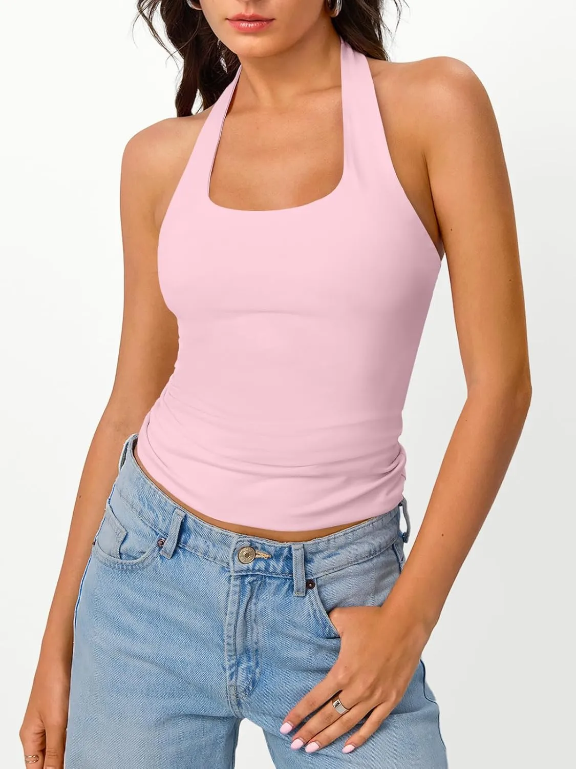 Trendy Queen Halter Tops for Women 2025 Summer Going Out Tops Backless Crop Sleeveless Workout Shirts Cute Y2k Clothes
