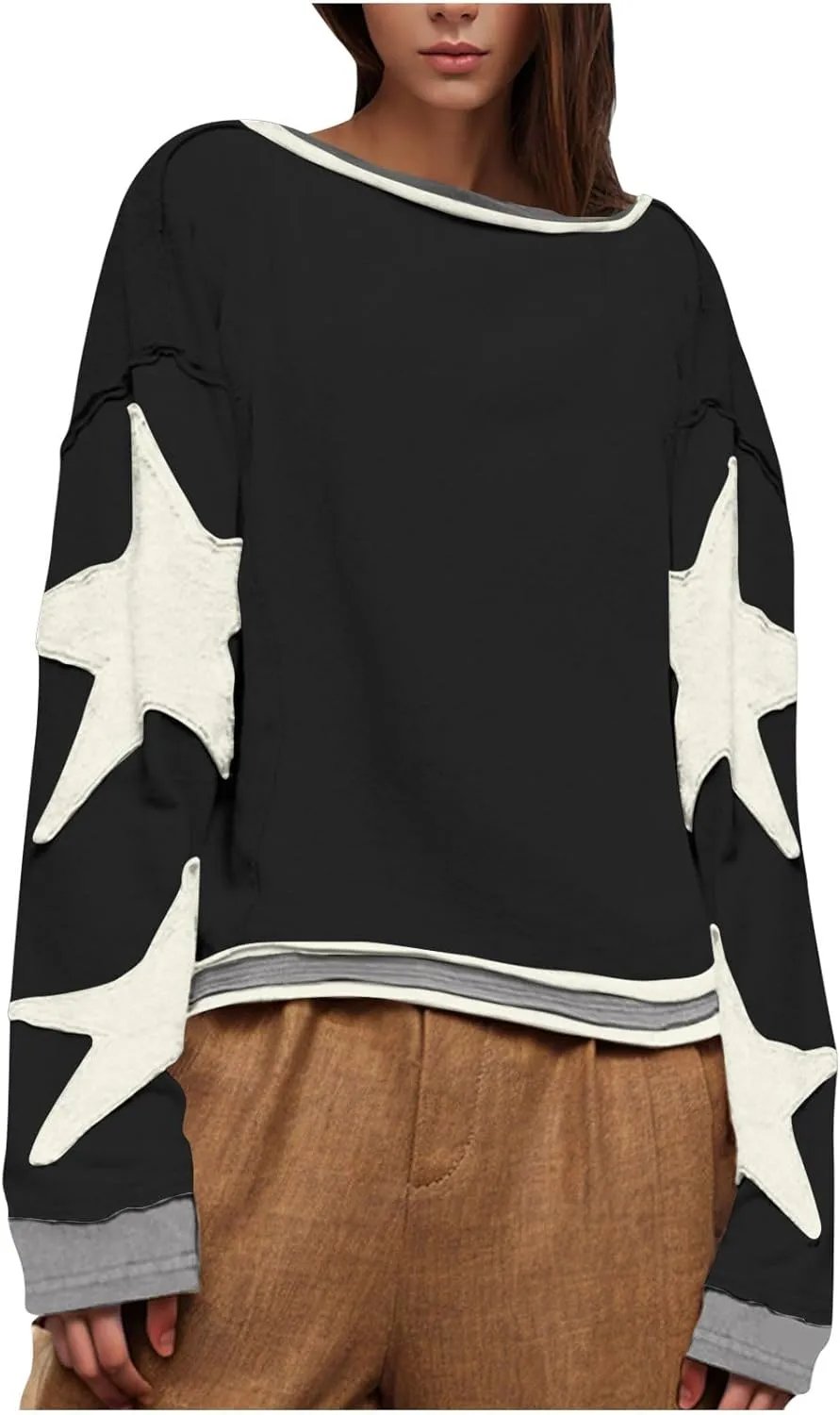 Trendy Sweatshirts for Women 2024 Fall Fashion Long Sleeve Crewneck Sweatshirt Oversized Star Graphic Pullover Tops sweatshirt for womens fashion Black XL