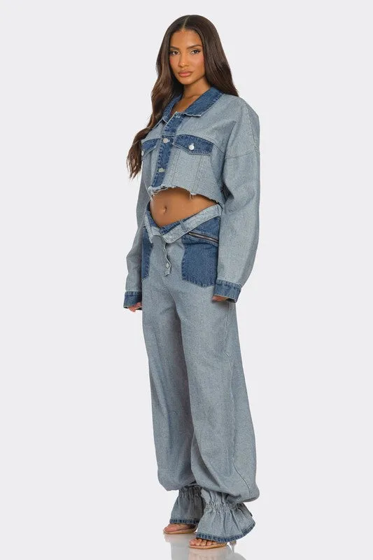 Two-Toned Cropped Contrast Denim Set