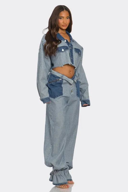 Two-Toned Cropped Contrast Denim Set