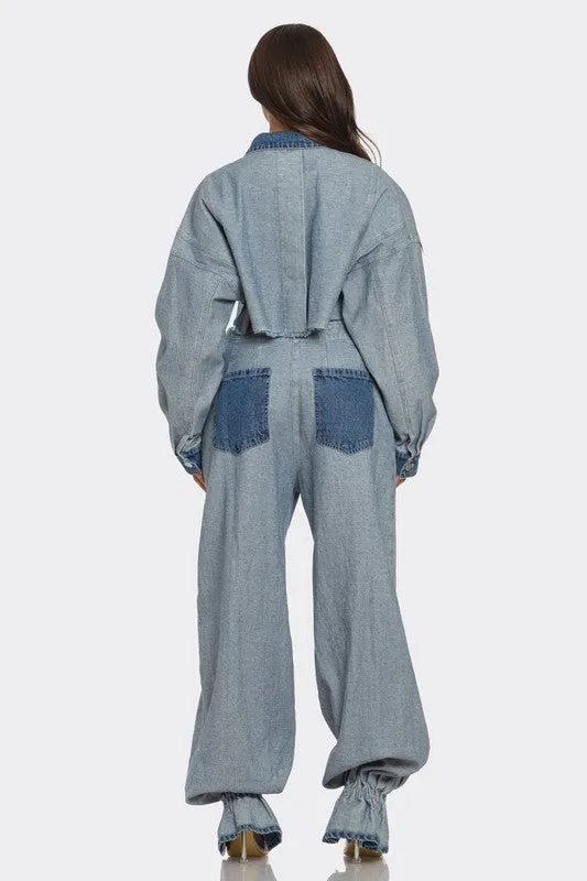Two-Toned Cropped Contrast Denim Set