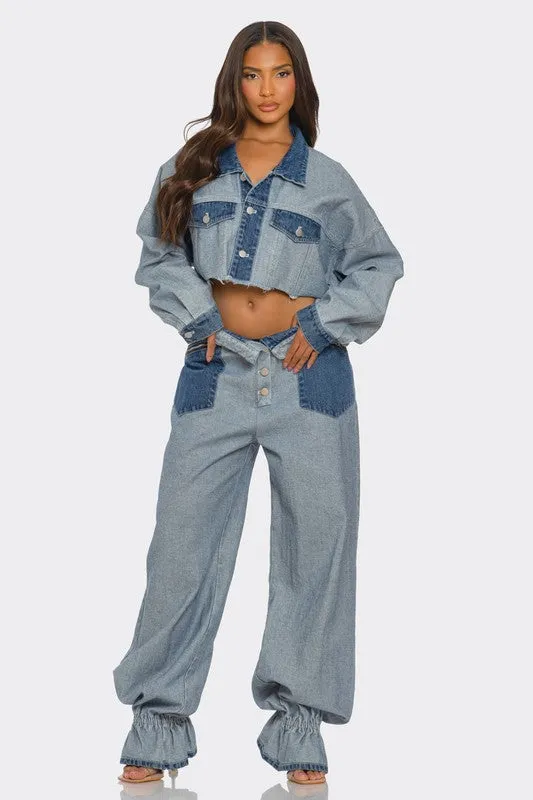 Two-Toned Cropped Contrast Denim Set