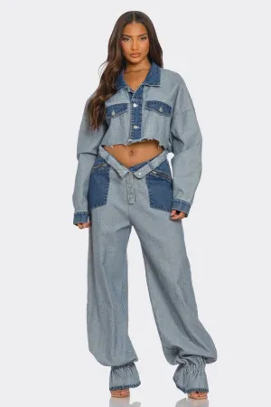 Two-Toned Cropped Contrast Denim Set