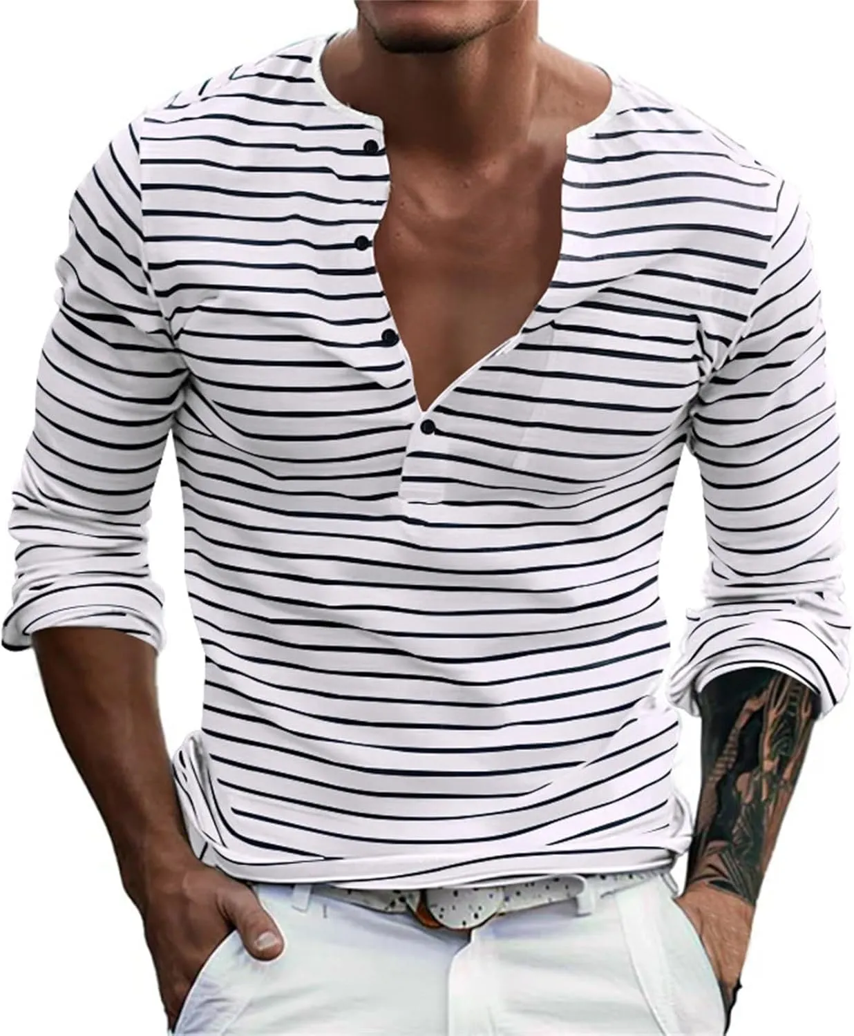 V Neck T Shirts Men Cotton Striped Slim Fit Henley Summer Deep Vneck Shirt Long Sleeve Workout Button Down Causal Top