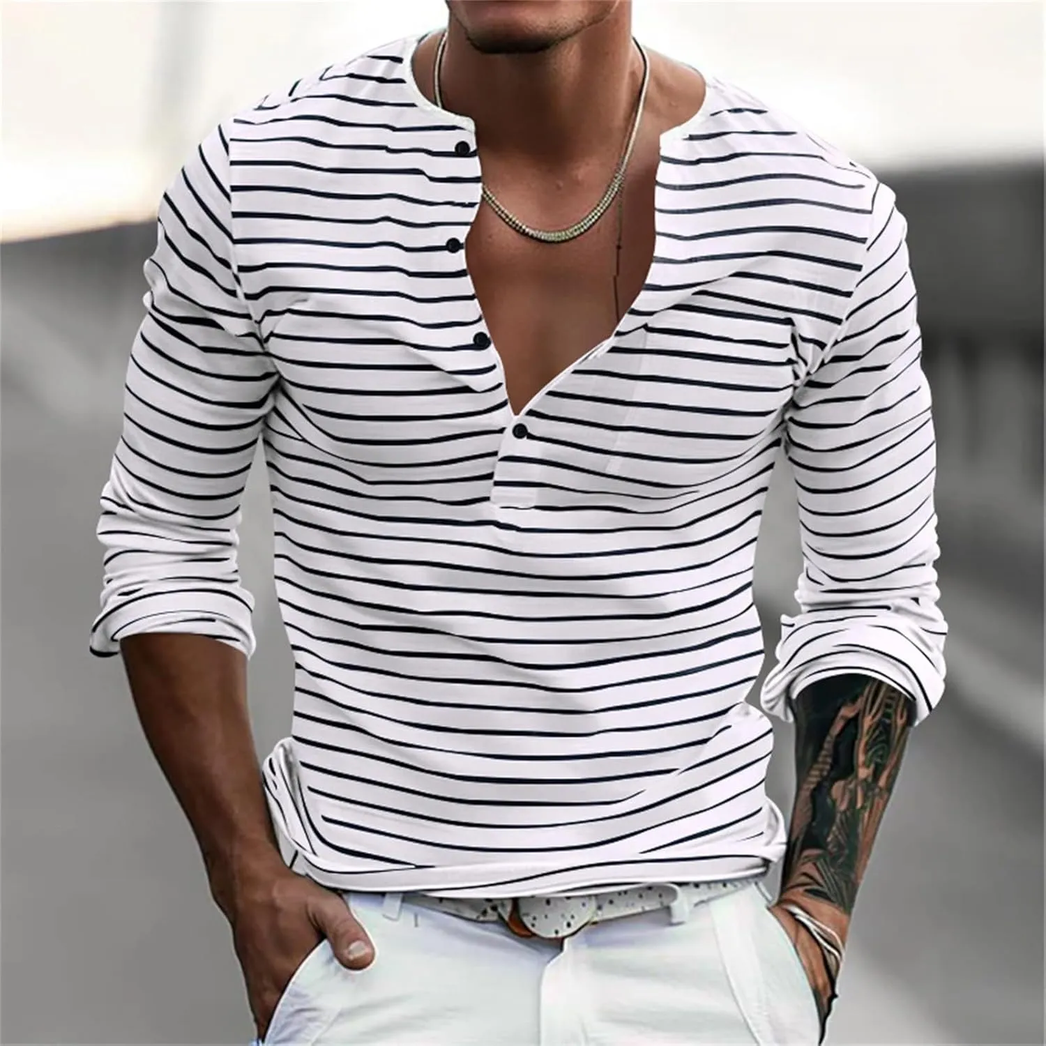 V Neck T Shirts Men Cotton Striped Slim Fit Henley Summer Deep Vneck Shirt Long Sleeve Workout Button Down Causal Top