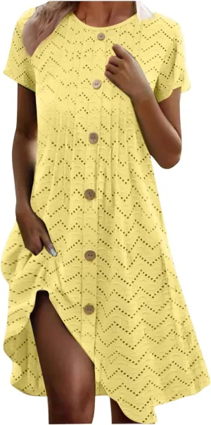 Vacation Dress for Women Summer Casual Mini Beach Vacation Dresses Short Sleeve Button Down Shirts Dress with Pocket