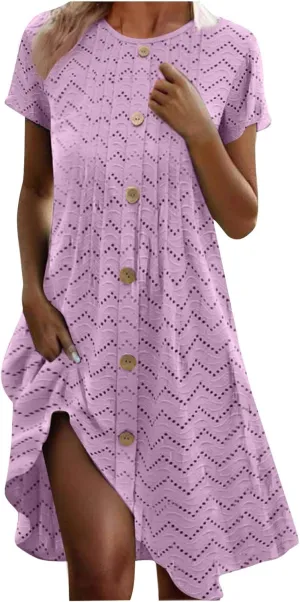 Vacation Dress for Women Summer Casual Mini Beach Vacation Dresses Short Sleeve Button Down Shirts Dress with Pocket
