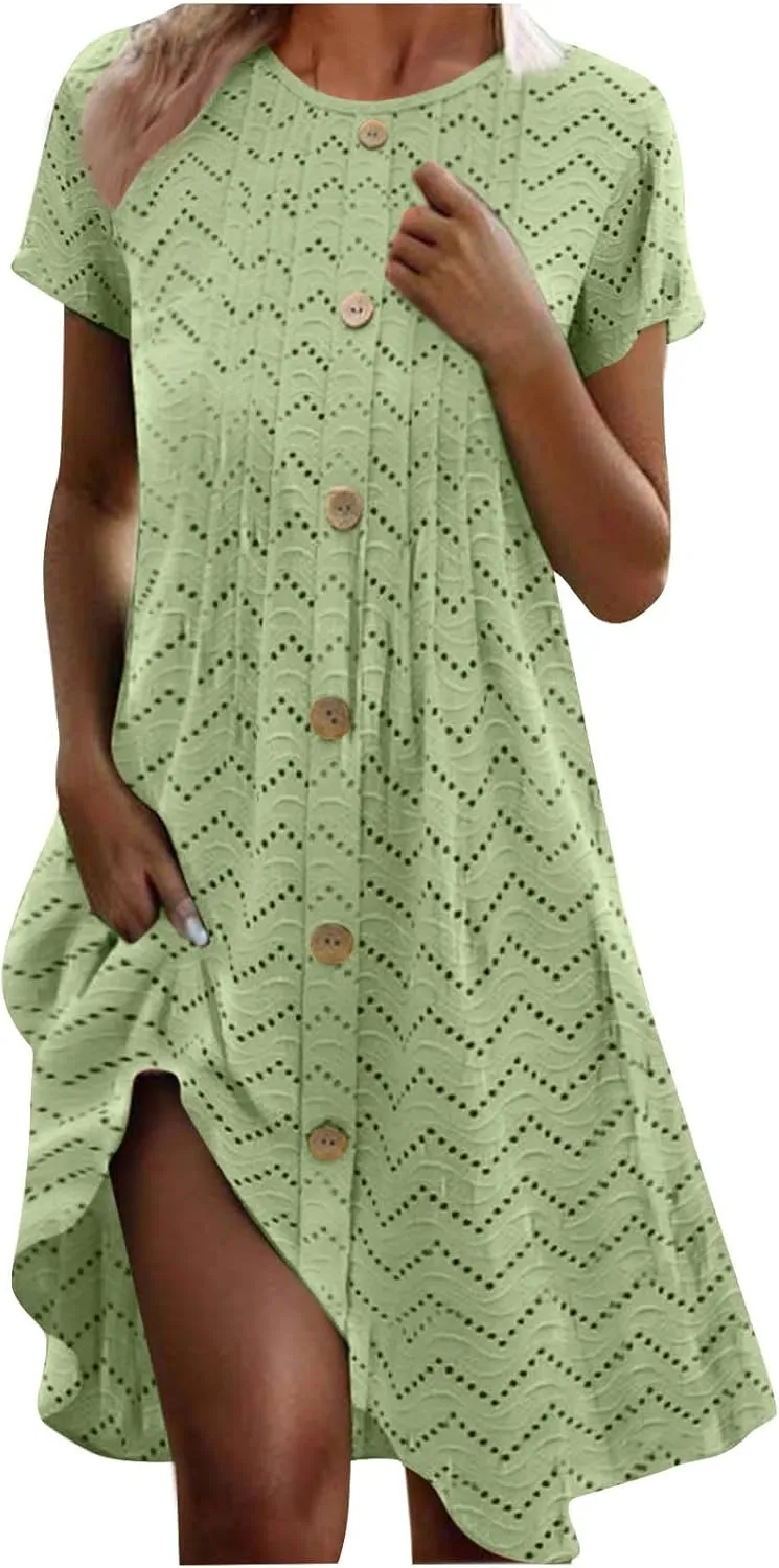 Vacation Dress for Women Summer Casual Mini Beach Vacation Dresses Short Sleeve Button Down Shirts Dress with Pocket