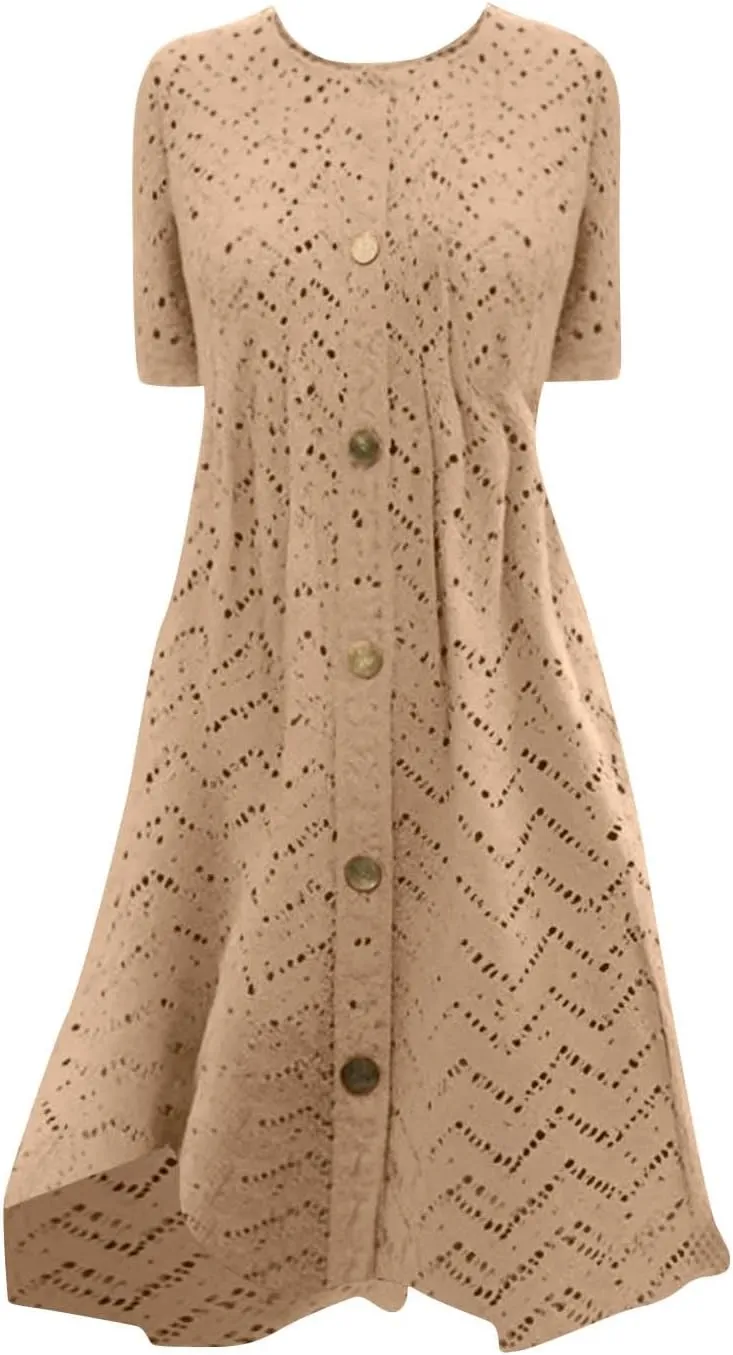 Vacation Dress for Women Summer Casual Mini Beach Vacation Dresses Short Sleeve Button Down Shirts Dress with Pocket