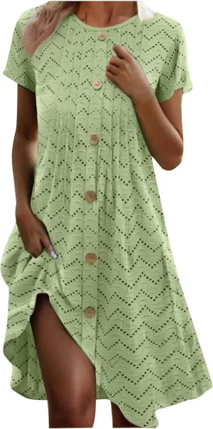Vacation Dress for Women Summer Casual Mini Beach Vacation Dresses Short Sleeve Button Down Shirts Dress with Pocket