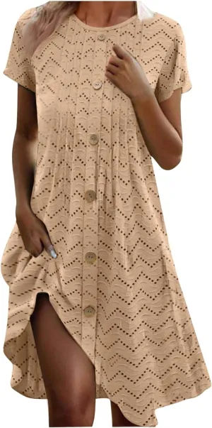 Vacation Dress for Women Summer Casual Mini Beach Vacation Dresses Short Sleeve Button Down Shirts Dress with Pocket