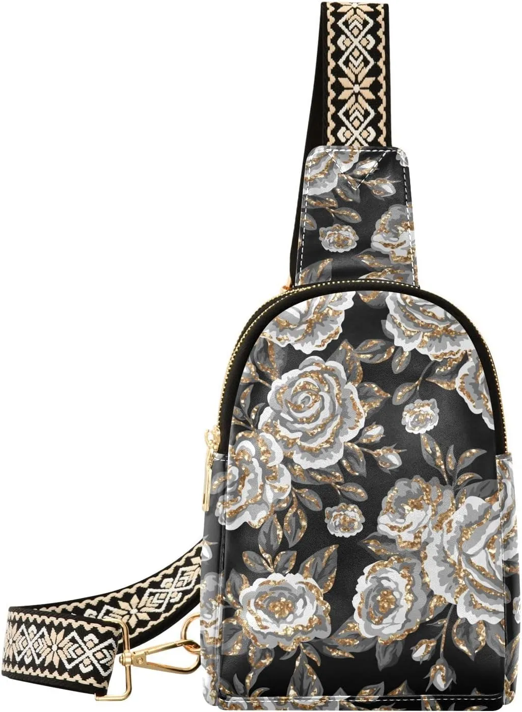 VIGTRO Small Sling Bag Luxurious Artistic Rose Flower Fanny Pack for Women Men, Leather Chest Bag with Adjustable Strap