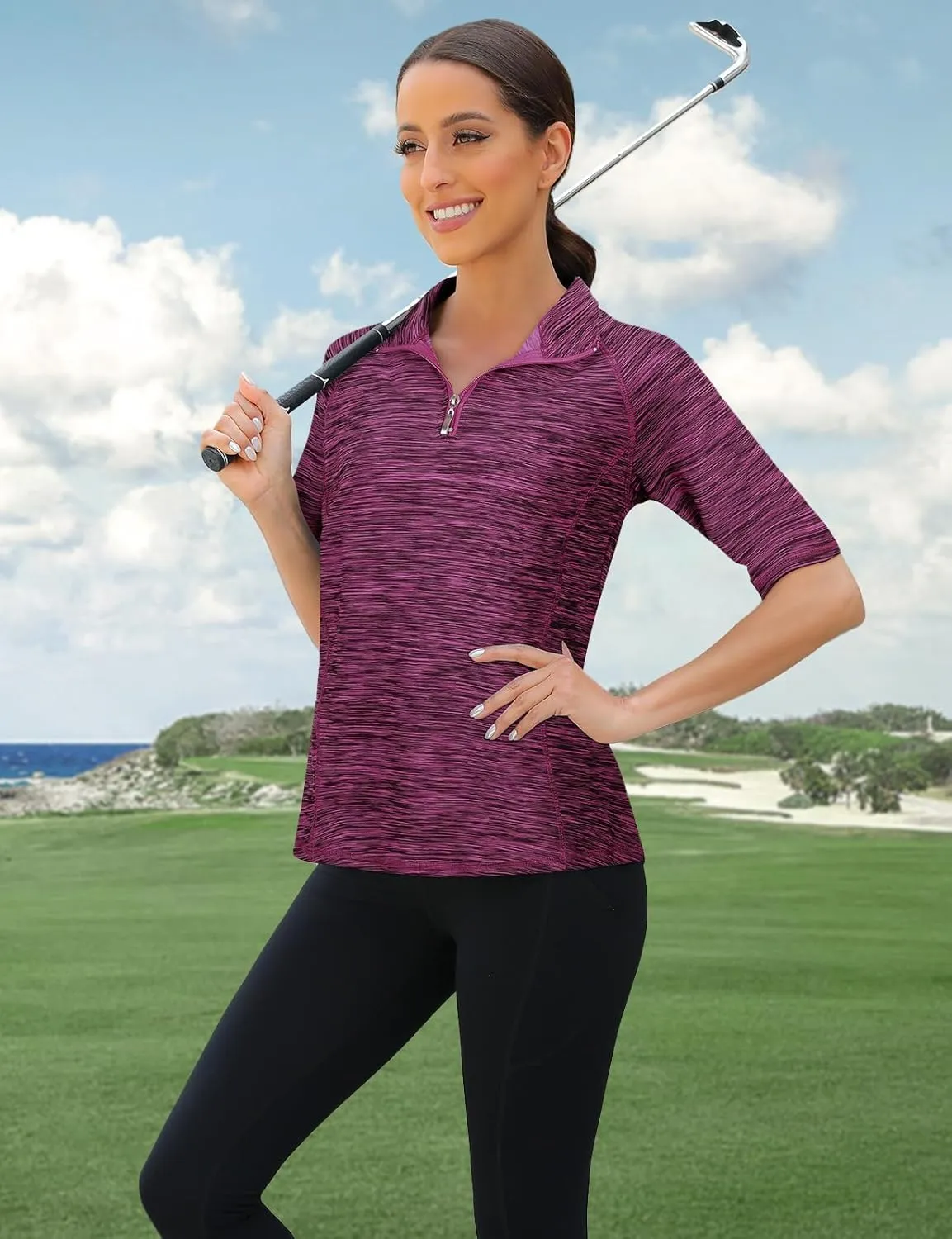 Viracy Half Sleeve Womens Golf Polo Shirts 1/4 Zip Up Moisture Wicking Running Workout Tops