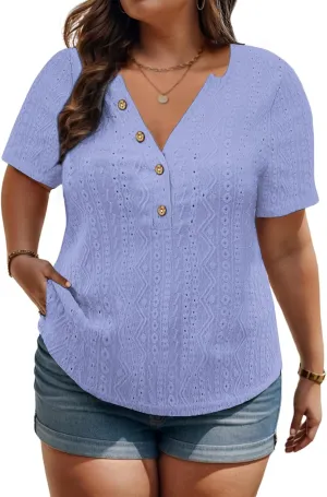 VISLILY Plus-Size-Summer-Tops for Women Henley V Neck T Shirts Short Sleeve Buttons Up Tunics Dressy Eyelet Blouses