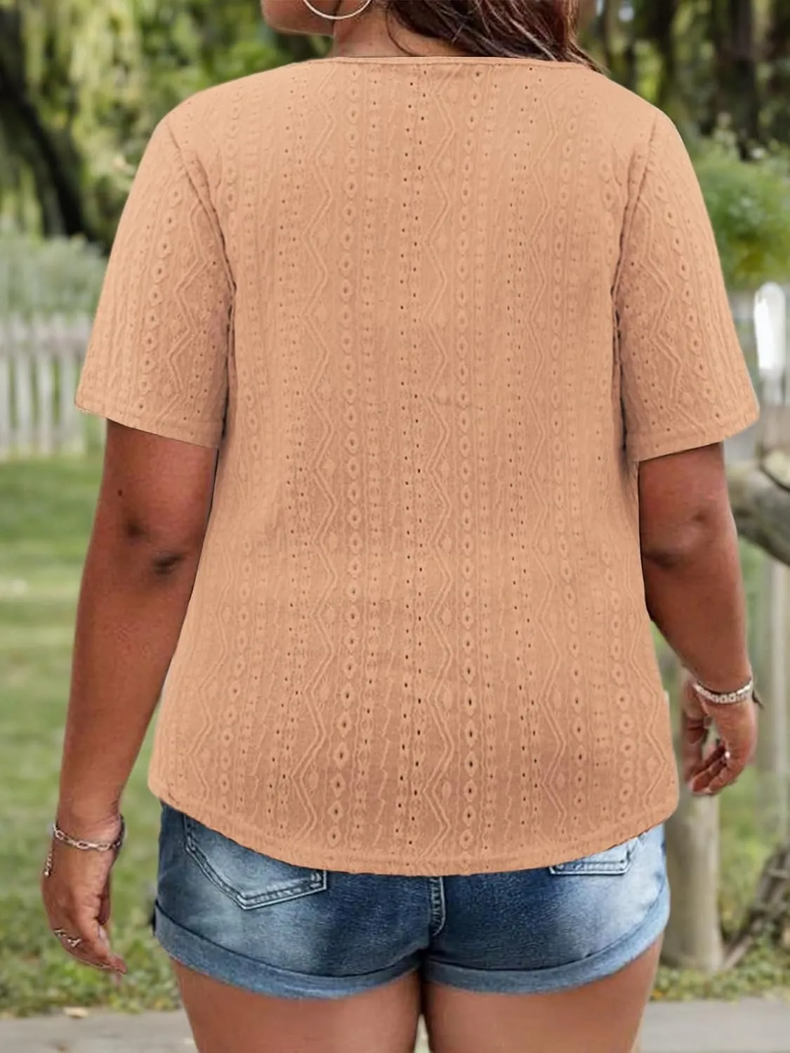 VISLILY Plus-Size-Summer-Tops for Women Henley V Neck T Shirts Short Sleeve Buttons Up Tunics Dressy Eyelet Blouses