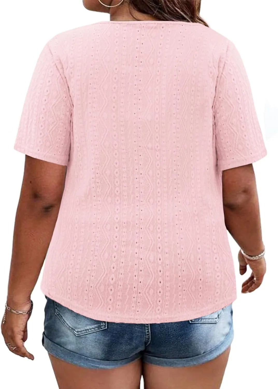VISLILY Plus-Size-Summer-Tops for Women Henley V Neck T Shirts Short Sleeve Buttons Up Tunics Dressy Eyelet Blouses