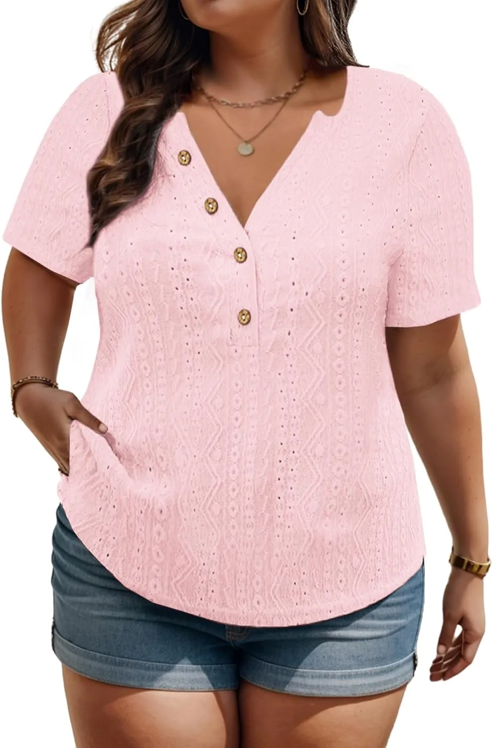 VISLILY Plus-Size-Summer-Tops for Women Henley V Neck T Shirts Short Sleeve Buttons Up Tunics Dressy Eyelet Blouses