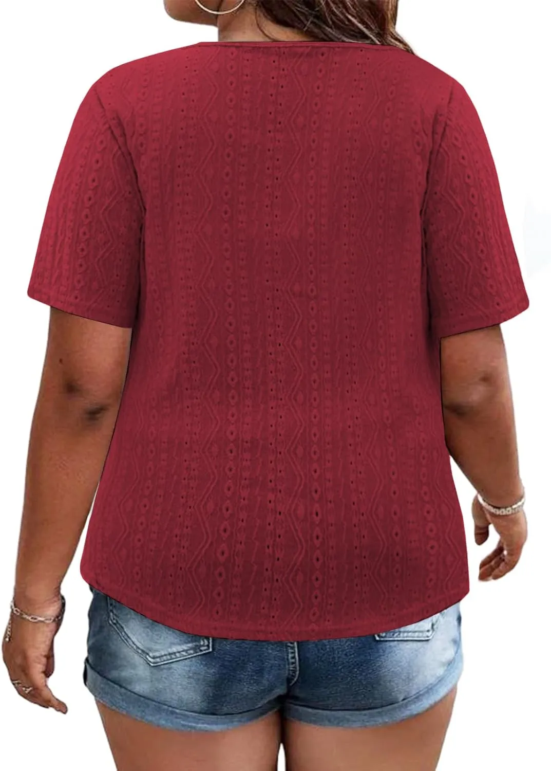 VISLILY Plus-Size-Summer-Tops for Women Henley V Neck T Shirts Short Sleeve Buttons Up Tunics Dressy Eyelet Blouses