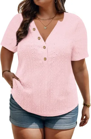 VISLILY Plus-Size-Summer-Tops for Women Henley V Neck T Shirts Short Sleeve Buttons Up Tunics Dressy Eyelet Blouses