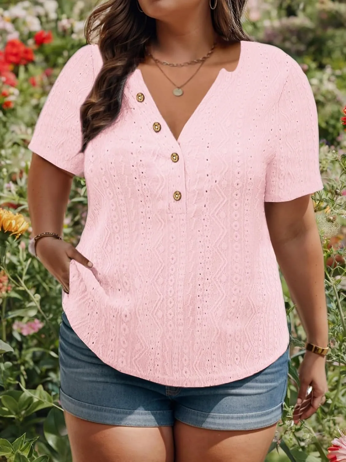 VISLILY Plus-Size-Summer-Tops for Women Henley V Neck T Shirts Short Sleeve Buttons Up Tunics Dressy Eyelet Blouses