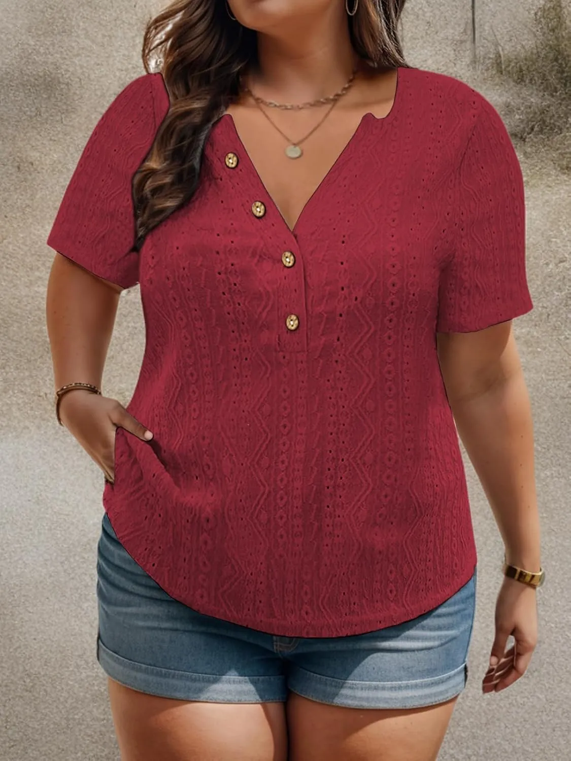 VISLILY Plus-Size-Summer-Tops for Women Henley V Neck T Shirts Short Sleeve Buttons Up Tunics Dressy Eyelet Blouses