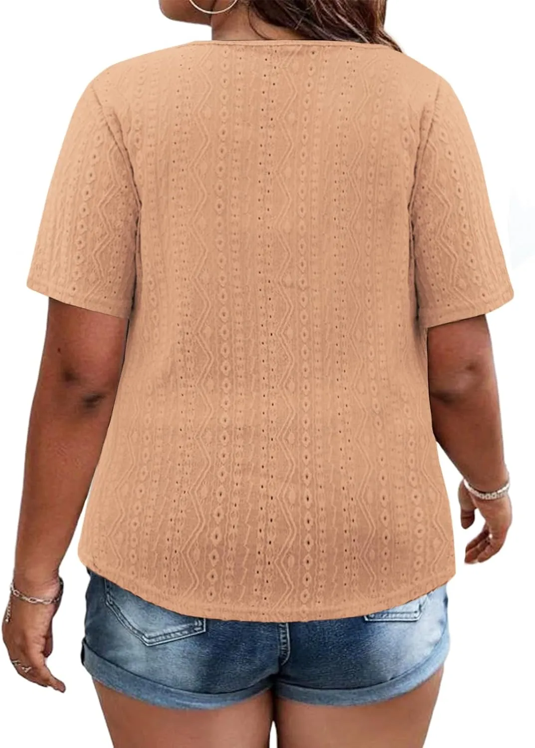 VISLILY Plus-Size-Summer-Tops for Women Henley V Neck T Shirts Short Sleeve Buttons Up Tunics Dressy Eyelet Blouses