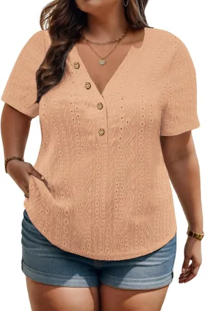 VISLILY Plus-Size-Summer-Tops for Women Henley V Neck T Shirts Short Sleeve Buttons Up Tunics Dressy Eyelet Blouses