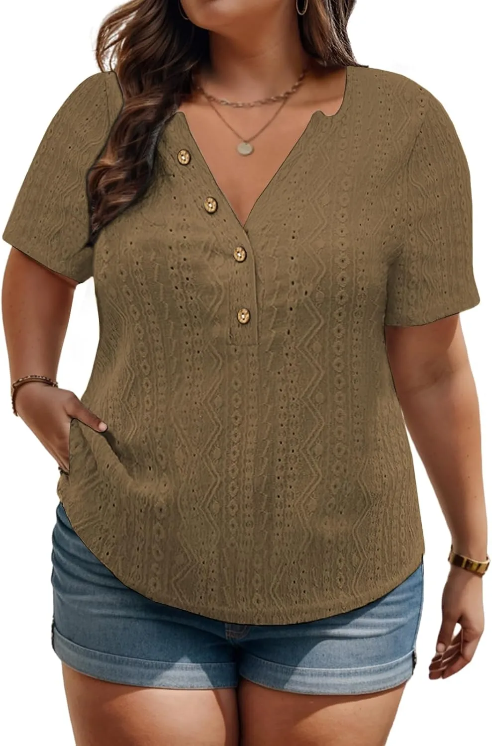 VISLILY Plus-Size-Summer-Tops for Women Henley V Neck T Shirts Short Sleeve Buttons Up Tunics Dressy Eyelet Blouses