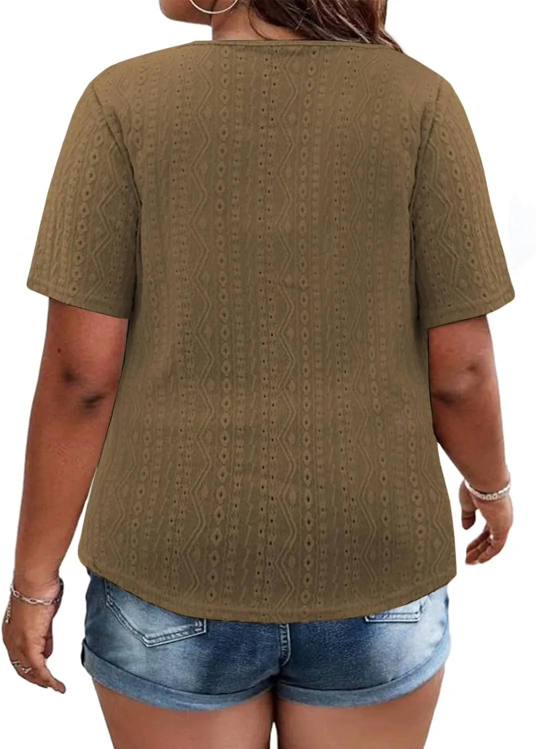 VISLILY Plus-Size-Summer-Tops for Women Henley V Neck T Shirts Short Sleeve Buttons Up Tunics Dressy Eyelet Blouses